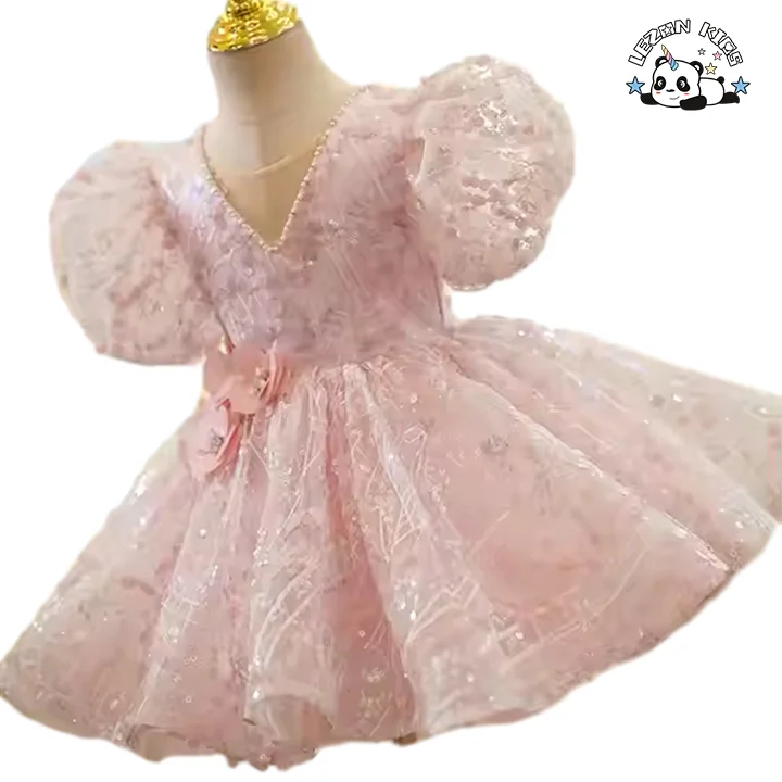 LEZONKIDS - Customizable Pink Princess Pattern Girl Dress Puff Sleeves Tulle Bow Ruffle Decorations Girl Dress